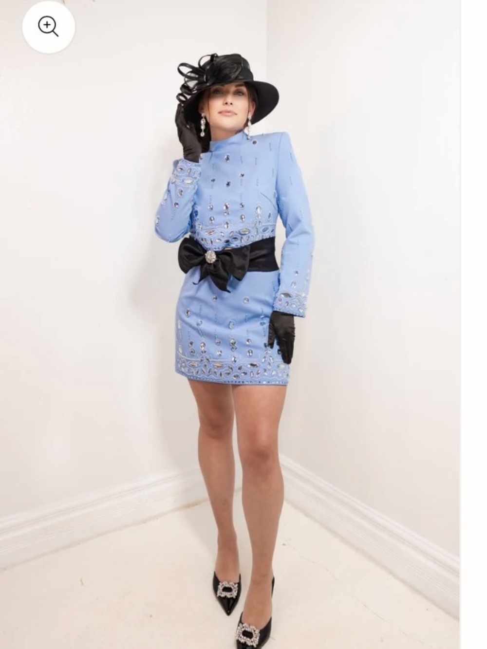 Embellished Light Blue Long-Sleeve Mini Dress with navy sash and navy hat